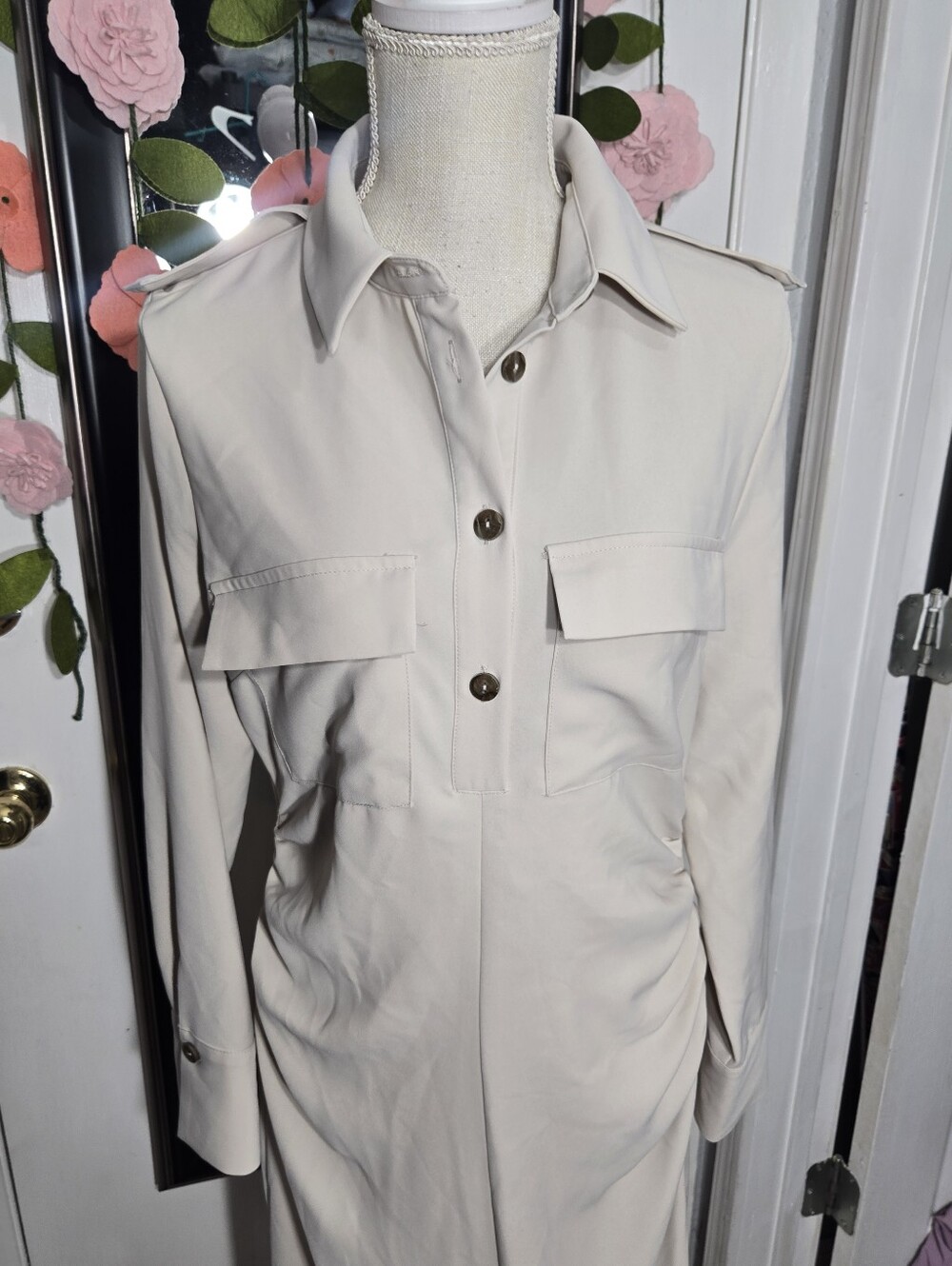 Zara Woman Draped Waist Midi Dress Sz L Cream Color Front Slit - Picture 3 of 13